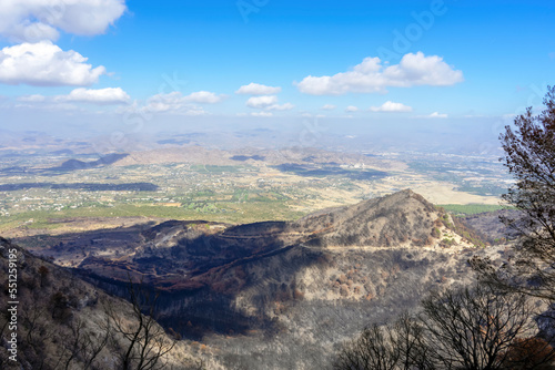 Panoramic view on valley from burned black forest near Mijas, Malaga 