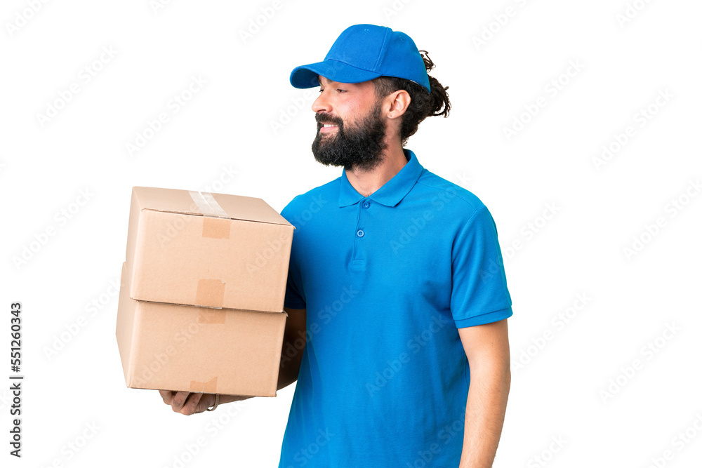 Delivery caucasian man over isolated chroma key background looking side Delivery caucasian man over isolated chroma key background looking side