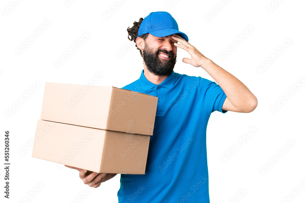 Delivery caucasian man over isolated chroma key background smiling a lot Delivery caucasian man over isolated chroma key background smiling a lot