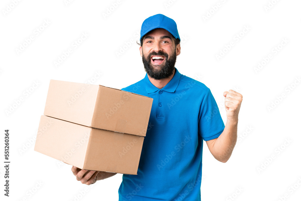 Delivery caucasian man over isolated chroma key background celebrating a victory in winner position