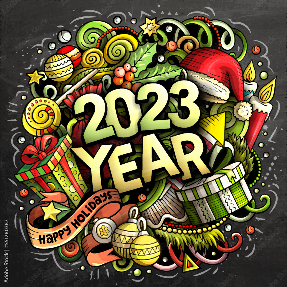 2023 doodles illustration. New Year objects and elements poster 2023 doodles illustration. New Year objects and elements poster