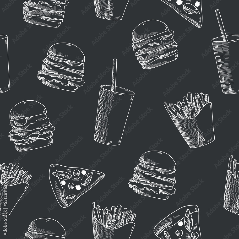 Hand drawn fast food seamless pattern. Soda, pizza, burger and french ...