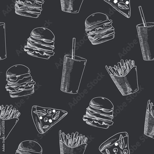 Hand drawn fast food seamless pattern. Soda, pizza, burger and french fries drawing. Fast food vector hand drawn set.