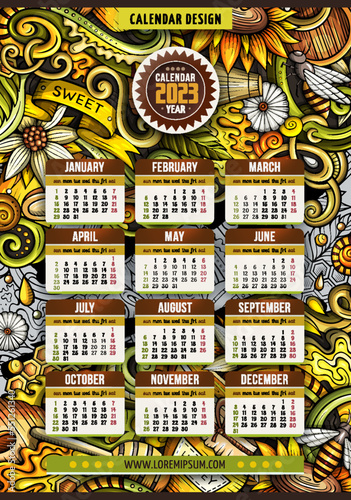 Cartoon doodles Honey 2023 year calendar template.