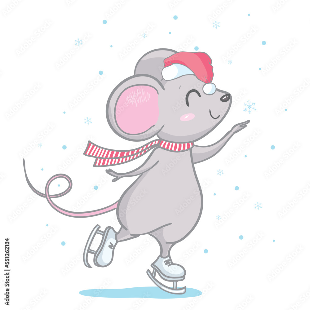 Fototapeta premium Funny Rat in a red Santa's hat, in a striped scarf. Merry Christmas . New Year card, hand drawn style print. Vector illustration.