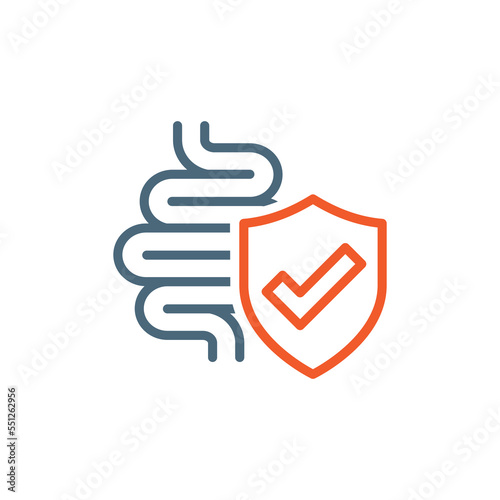 Bowes with shield vector icon. Small intestines with checkmark outlined symbol.