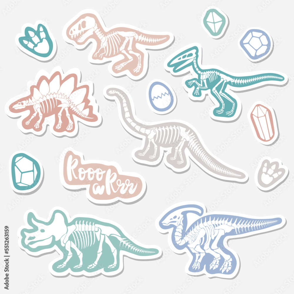 Vector sticker set with dinosaur skeleton isolated on a white background.