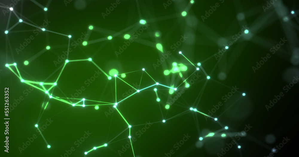 Futuristic abstract green glowing plexus dots with radiant magical energy lines on a black background. Abstract background