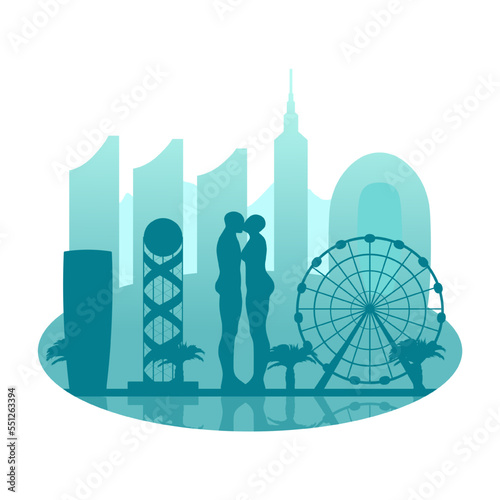 Batumi, Georgia, vector silhouette of the city with famous city sights on a background of mountains