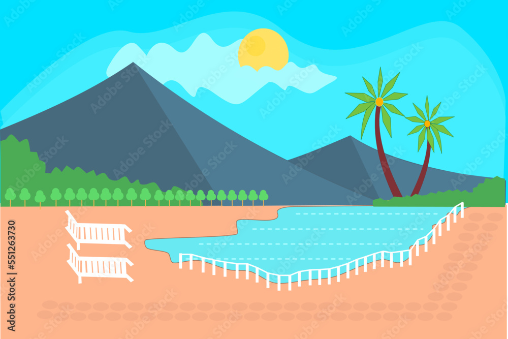 Beach Landscape with Beach, Beach Chair, mountains, coconut tree and beautiful sun. Flat Design Style.