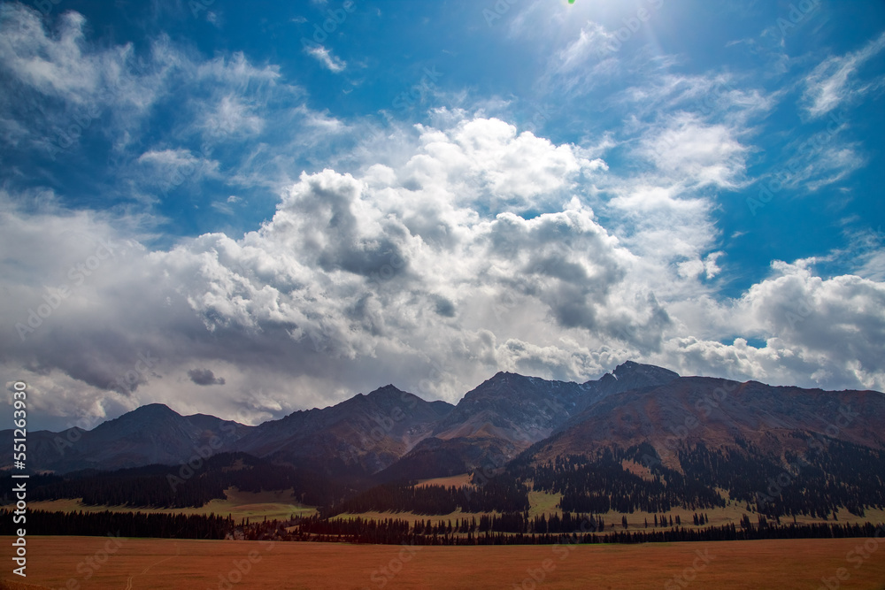 majestic mountains of kazakhstan, hills, forest, autumn, field