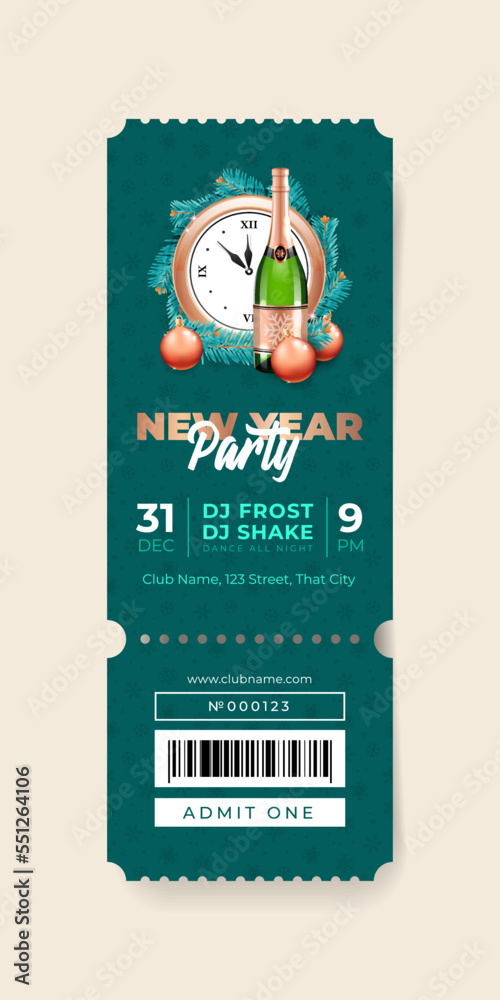 New Year Party ticket template. Illustration of a champagne bottle, Christmas balls and a clock on a teal background. Vector 10 EPS.