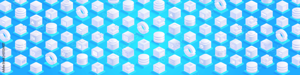 Obraz premium Technology background. Abstract futuristic cubes design and different geometric shapes. Digital innovation and artificial intelligence. Blockchain tech. Vector illustration in isometric view