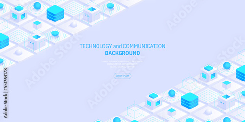 Futuristic abstract technology and communication network background. Conveying connectivity, complexity and data flood. Vector isometric technology connection digital data and big data concept.