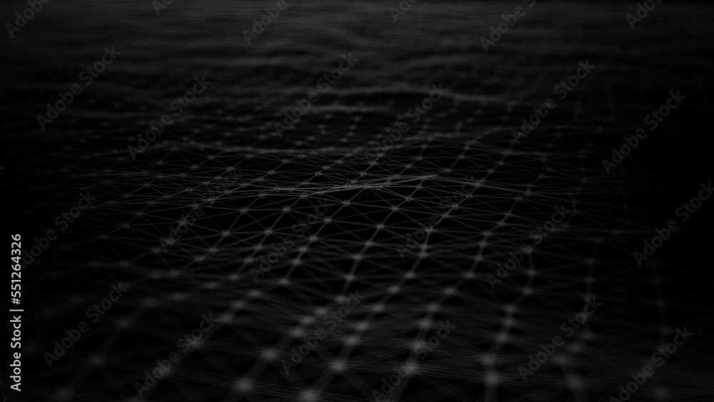 Wave of digital particles on a black background. Abstract interlacing lines and points. Digital connection of elements. Simulation of the movement of small particles. 3D rendering. Wave of digital particles on a black background. Abstract interlacing lines and points. Digital connection of elements. Simulation of the movement of small particles. 3D rendering.