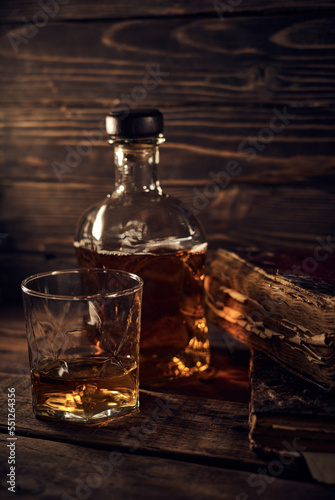 Whisky still life on a wooden background