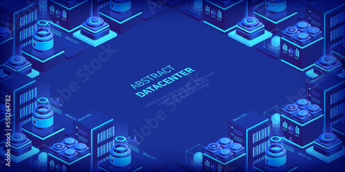 Hosting server isometric vector illustration. Abstract 3d datacenter or blockchain background. Network mainframe infrastructure website header layout. Computer storage or farming workstation.