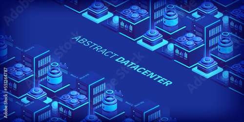 Hosting server isometric vector illustration. Abstract 3d datacenter or blockchain background. Network mainframe infrastructure website header layout. Computer storage or farming workstation.
