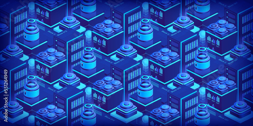 Hosting server isometric vector illustration. Abstract 3d datacenter or blockchain background. Network mainframe infrastructure website header layout. Computer storage or farming workstation.