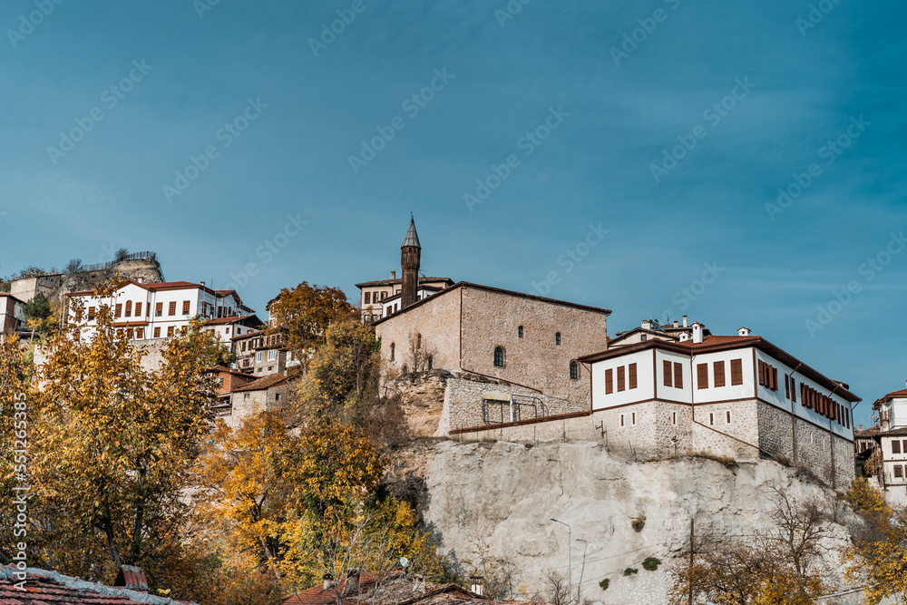 Traditional Ottoman Houses in Safranbolu. Ottoman houses and old mosuqe. Safranbolu UNESCO World Heritage Site. Old wooden mansions turkish architecture. Safranbolu landscape view.