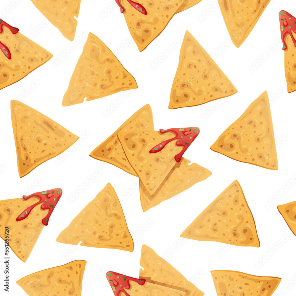 Seamless pattern with nachos on a white background. Traditional Mexican food. Corn chips with salsa. Vector background for wrapping paper, fabric, wallpaper. Latin American food Seamless pattern with nachos on a white background. Traditional Mexican food. Corn chips with salsa. Vector background for wrapping paper, fabric, wallpaper. Latin American food