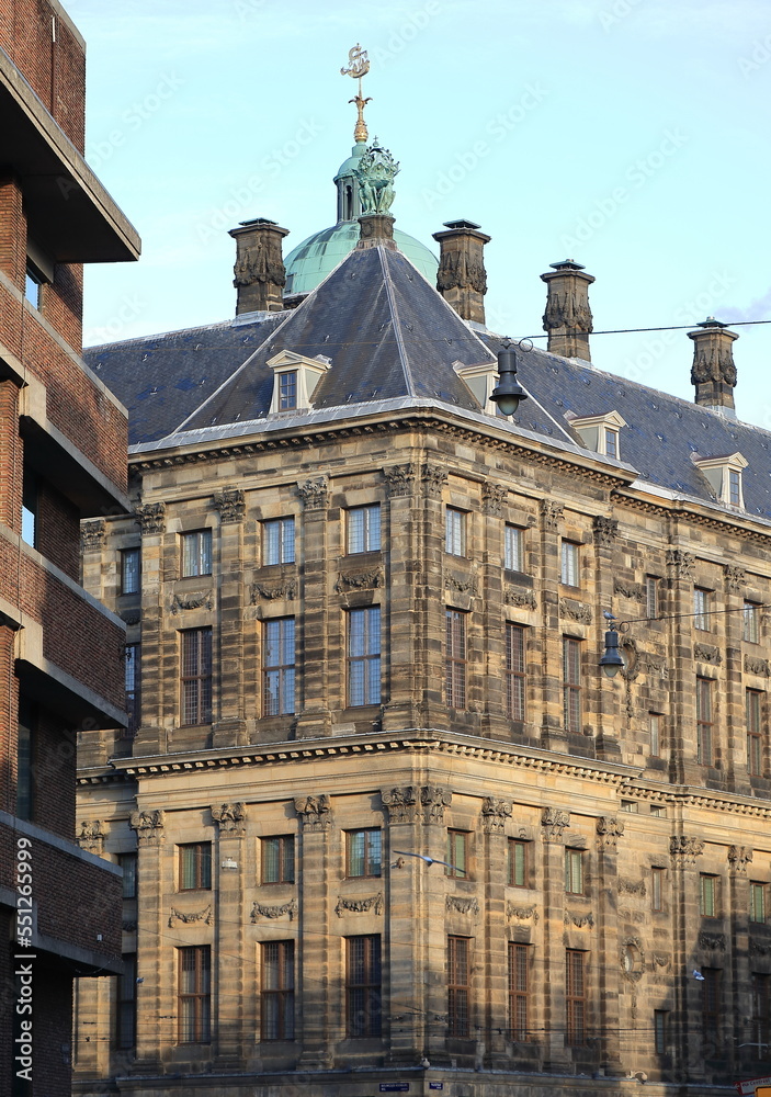Amsterdam Royal Palace Exterior Seen from Paleisstraat Street, Netherlands