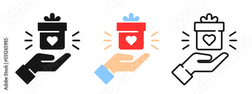Gift vector set. Red gift box and hand, presents icon