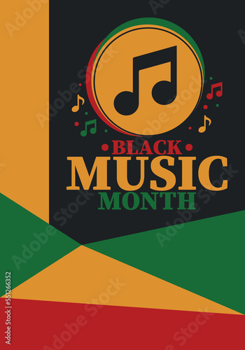 Black Music Month in June. African-American Music Appreciation Month. Celebrated annual in United States. Music concept. Poster, card, banner and background. Vector illustration