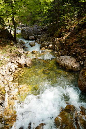 an emerald green brook (Steinacher Achen river) in Pfronten, Fallmuehle, in the Bavarian Alps of the Allgaeu region (Allgaeu, Bavaria, Germany) photo