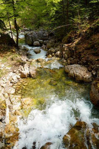 an emerald green brook  Steinacher Achen river  in Pfronten  Fallmuehle  in the Bavarian Alps of the Allgaeu region  Allgaeu  Bavaria  Germany 