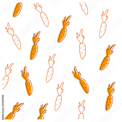 Pattern with orange carrots in hand drawn style. Stroke. Vector stock illustration. White background. Food. Vegetables