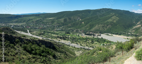 Large panoramic view of the Kura (Mtkvari) river and some villages. Georgia