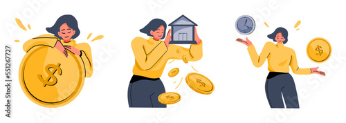 Set of female Character with Golden coin. Concept of Money savings, Finance, Earning, investment, and economics strategy, flat vector illustration
