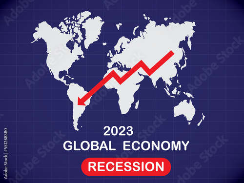 2023 Economy recession, global business downfall with falling arrow and world map. Money losing. Stock crisis, financial crisis and finance inflation concept background dark blue.