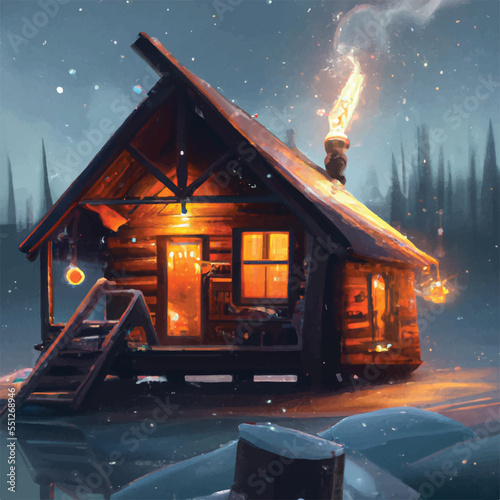 Digital Art of a wooden cabin at night