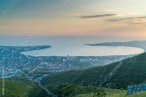 Russia. August 14, 2022. View of Gelendzhik Bay from the height of the Markhotsky ridge.