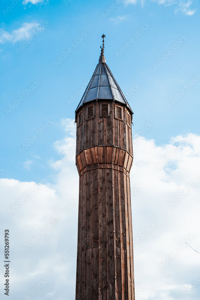 wooden mosque and minaret. ottoman architecture wooden mosque. Turkish architecture. Old Ottoman architecture mosques in safranbolu