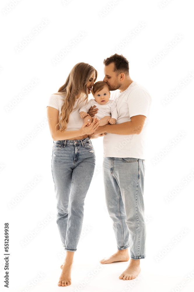 family portrait on a white background, happy family concept portrait. the parents play with the child. family portrait on a white background, happy family concept portrait. the parents play with the child.