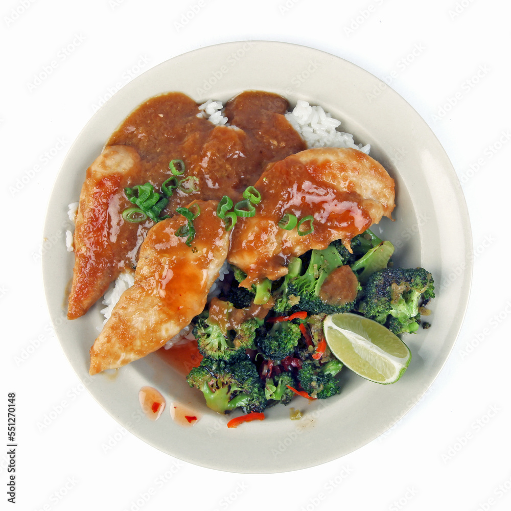 Süßes Miso-Ingwer-Hähnchen auf Limettenreis Süßes Miso-Ingwer-Hähnchen auf Limettenreis