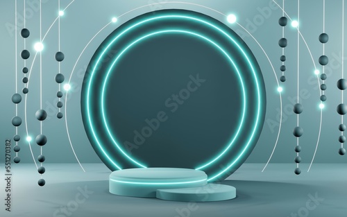 3D render of Podium background in blue tones for displaying cream products. cosmetics