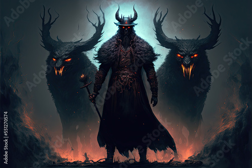 Fotografie, Obraz Evil sorcerer standing among his demonic wolves