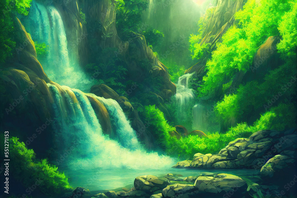 green spreading rainforest with a waterfall green spreading rainforest with a waterfall