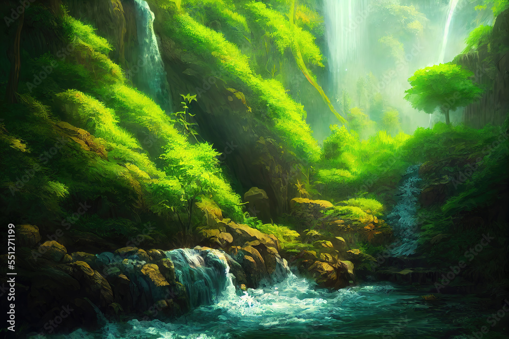 a beautiful painting illustration of a forest with a small little stream a beautiful painting illustration of a forest with a small little stream