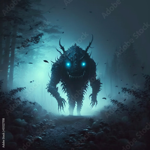 Scary monster in fog night forest. Fear and horror