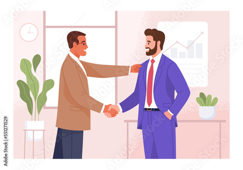 Meeting of businessmen. Vector cartoon illustration in a modern flat style of two caucasian men in suits shaking hands. Isolated on the background of the office interior