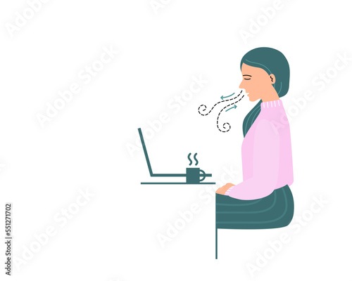 Isolated of a woman meditating and breathing exercise with laptop. Vector illustration in flat style.