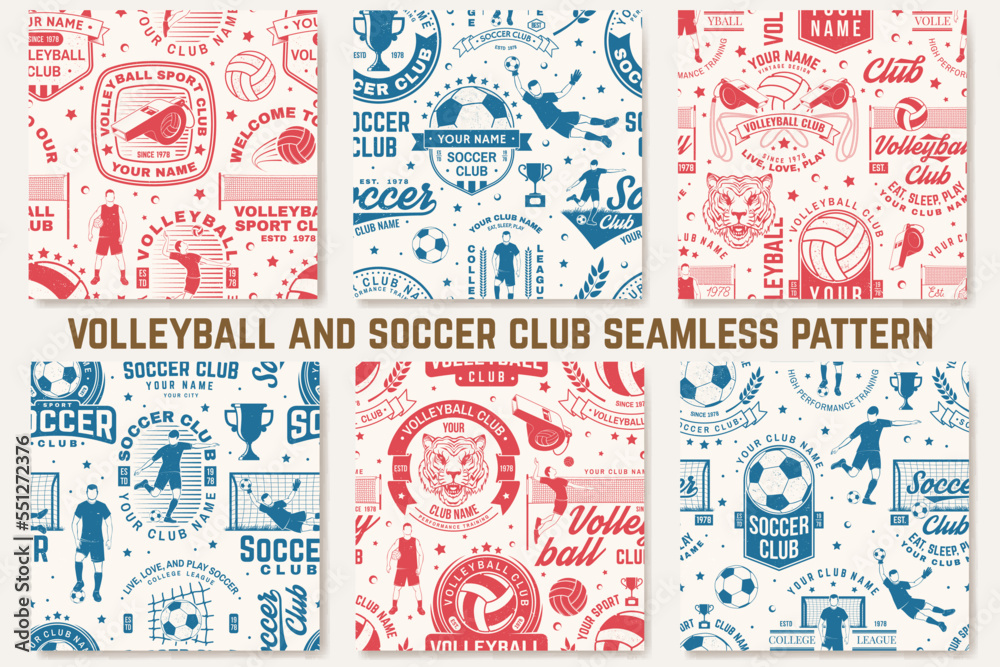 Obraz premium Volleyball and soccer, football club seamless pattern. Vector. For football club background with volleyball, soccer, football player, goalkeeper and gate silhouettes. Concept for soccer sport pattern