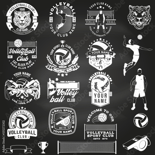 Set of volleyball club badge design on chalkboard. Vector illustration. For college league sport club emblem, sign, logo. Vintage monochrome label, sticker, patch with volleyball ball, player, net and
