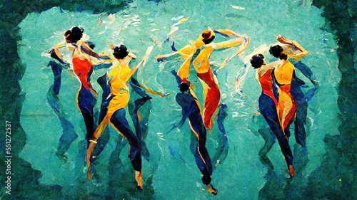 old vintage styled synchronized swimming sport, poster themed illustration photo