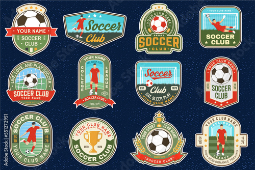 Set of soccer club patch, sticker, logo, badge design. Vector illustration. For football sport club sign, logo, label, sticker, patch with goalkeeper, gate and soccer player silhouettes.